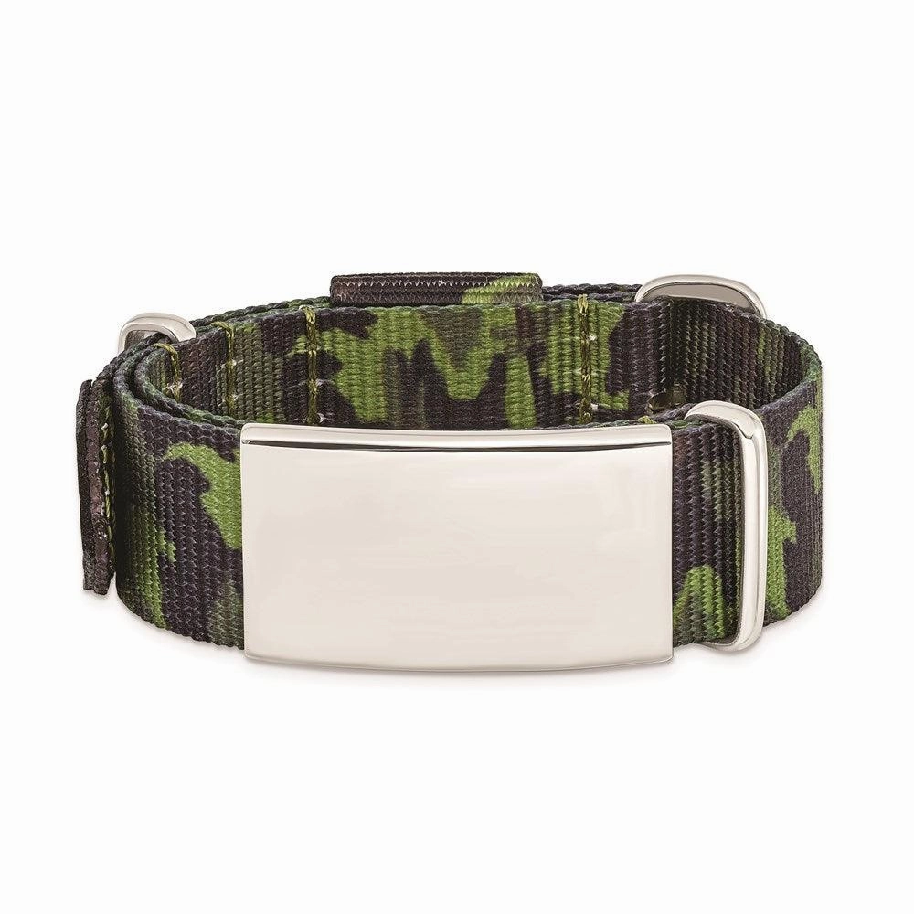 Stainless Steel Polished Green Camo Fabric Adjustable ID Bracelet
