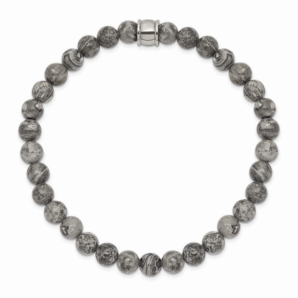 Stainless Steel Polished Grey Jasper Stretch Bracelet