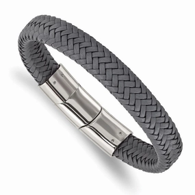 Stainless Steel Polished Grey Woven Leather w/.5in ext 8in Bracelet
