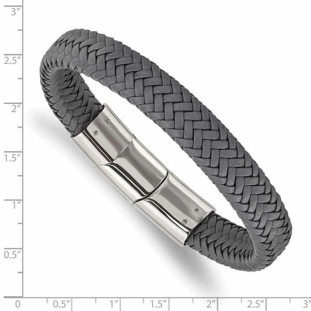 Stainless Steel Polished Grey Woven Leather w/.5in ext 8in Bracelet
