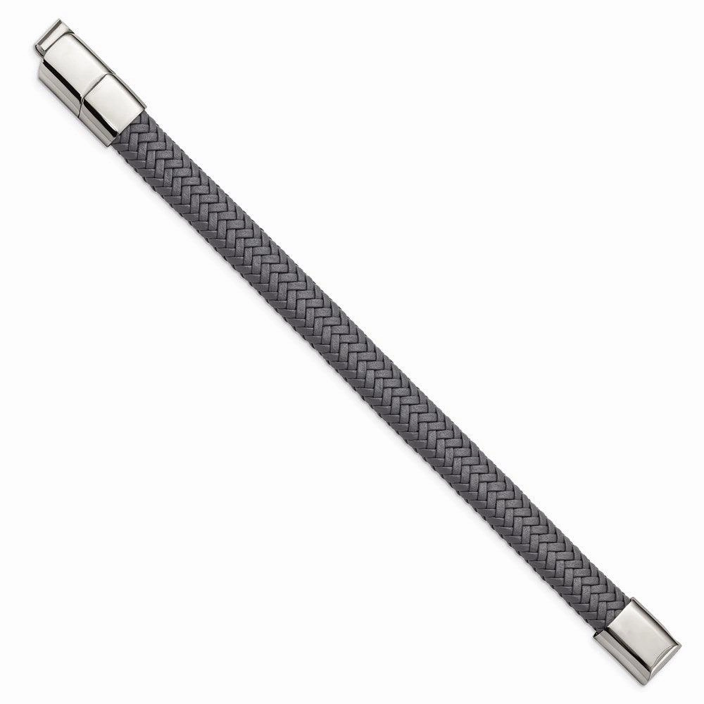 Stainless Steel Polished Grey Woven Leather w/.5in ext 8in Bracelet