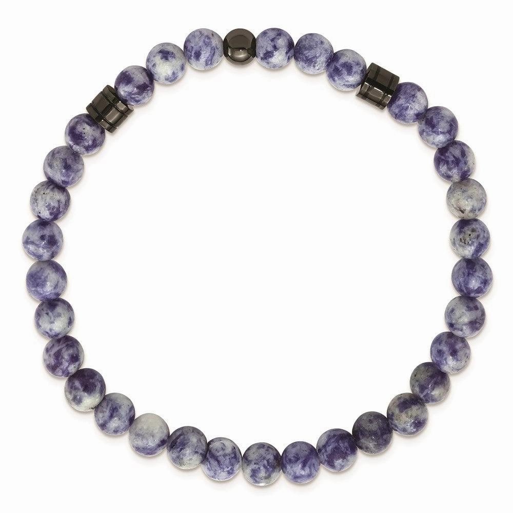 Stainless Steel Polished Gun Metal IP and Lapis Beaded Stretch Bracelet