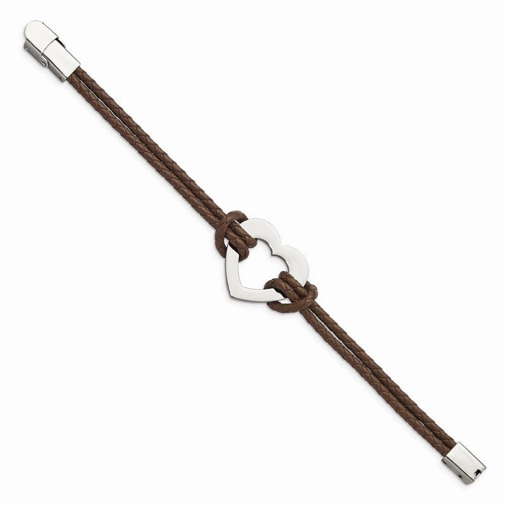Stainless Steel Polished Heart 7.5in Leather Bracelet
