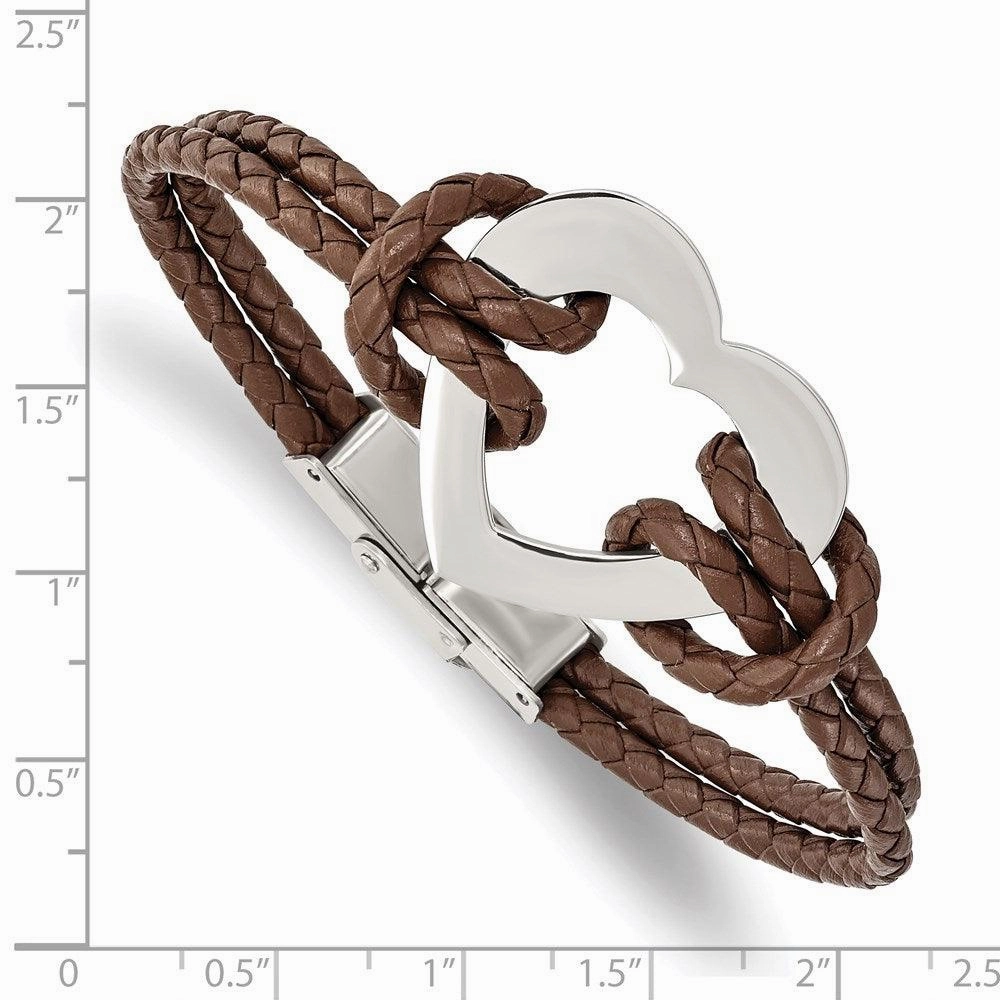 Stainless Steel Polished Heart 7.5in Leather Bracelet