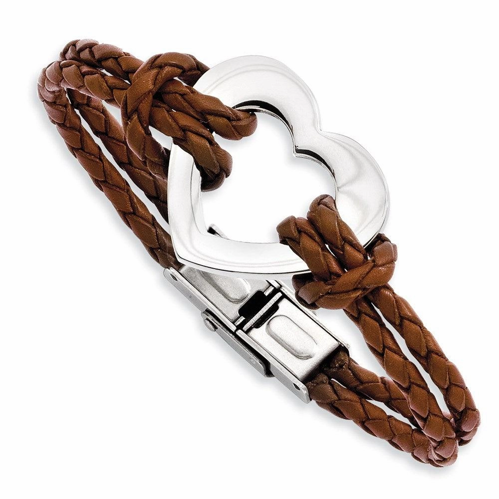 Stainless Steel Polished Heart 7.5in Leather Bracelet