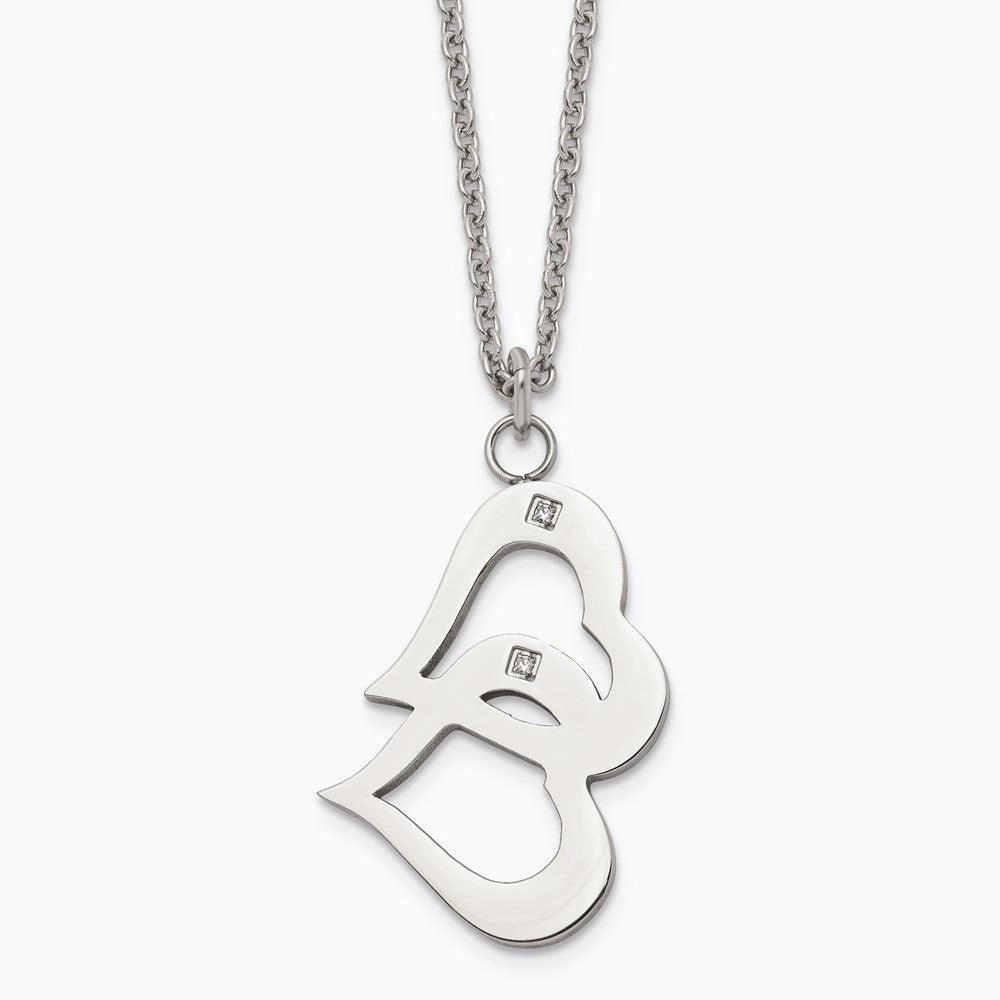 Stainless Steel Polished Hearts and CZs w/2in ext Necklace