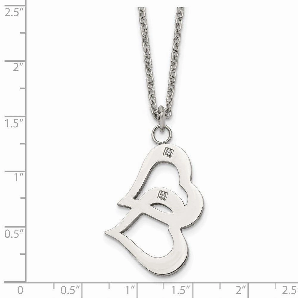 Stainless Steel Polished Hearts and CZs w/2in ext Necklace