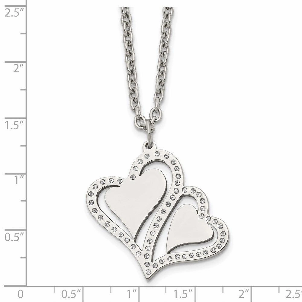 Stainless Steel Polished Hearts with Crystals w/ 2.25in. Ext. Necklace