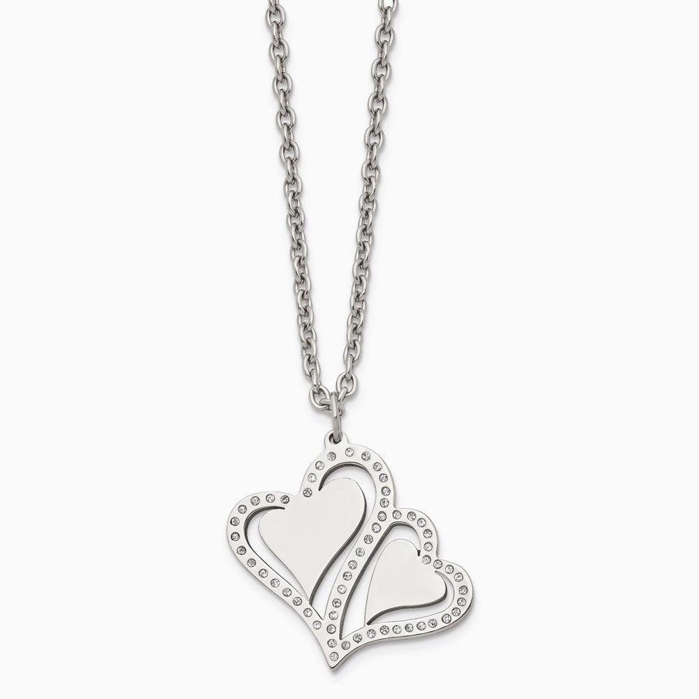 Stainless Steel Polished Hearts with Crystals w/ 2.25in. Ext. Necklace