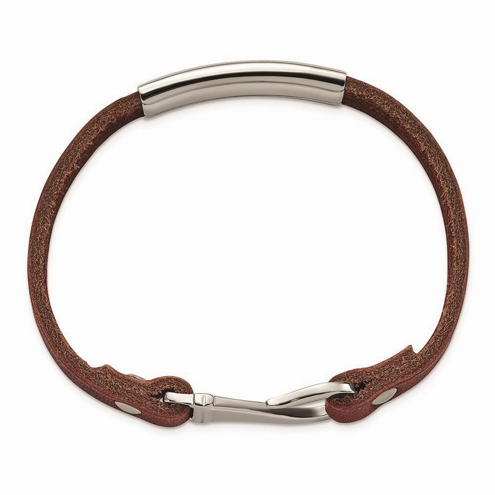 Stainless Steel Polished ID Brown Leather Bracelet