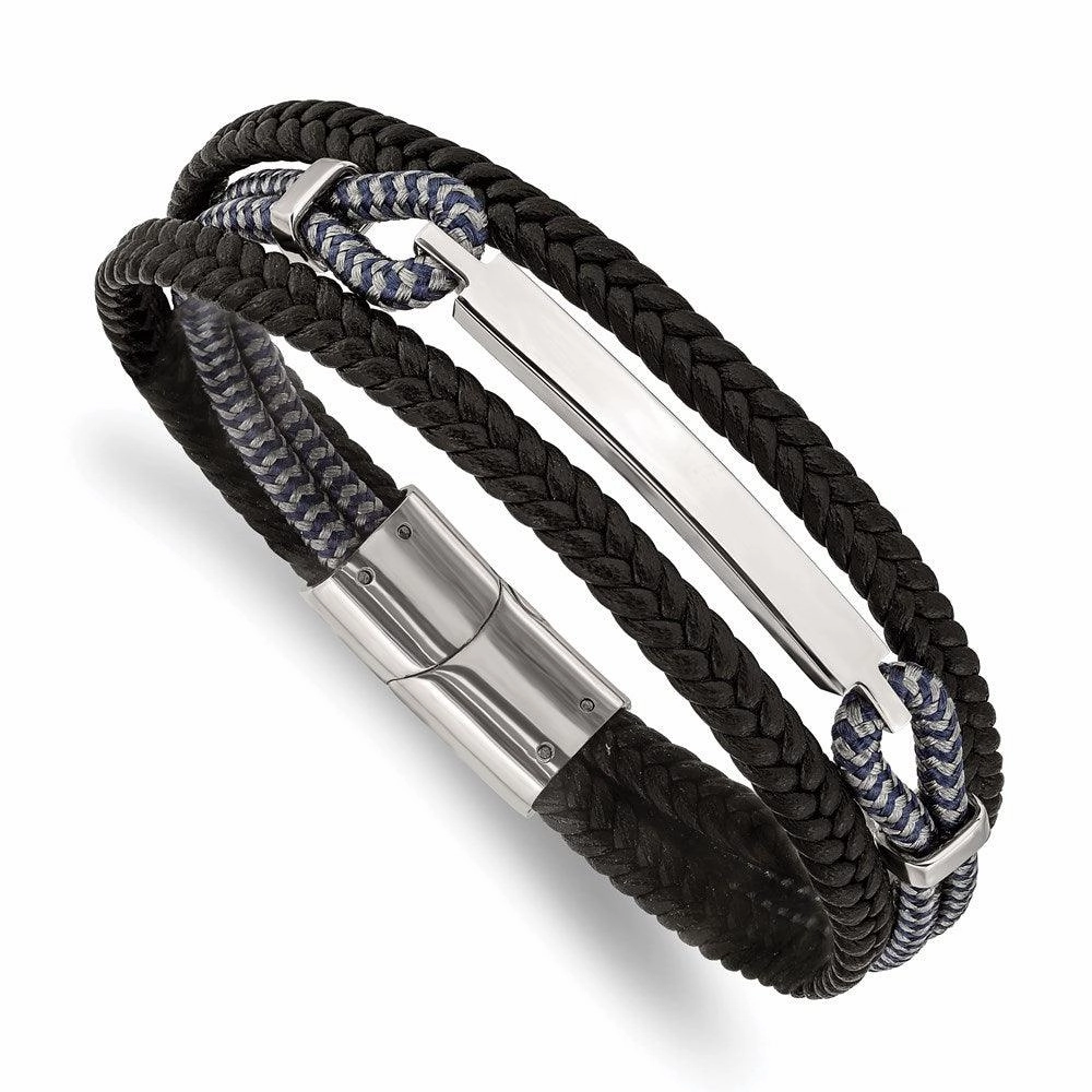 Stainless Steel Polished Leather and Cotton Multi Strand 8.25in ID Bracelet