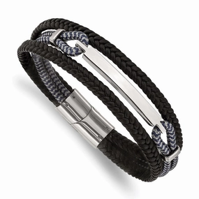 Stainless Steel Polished Leather and Cotton Multi Strand 8.25in ID Bracelet