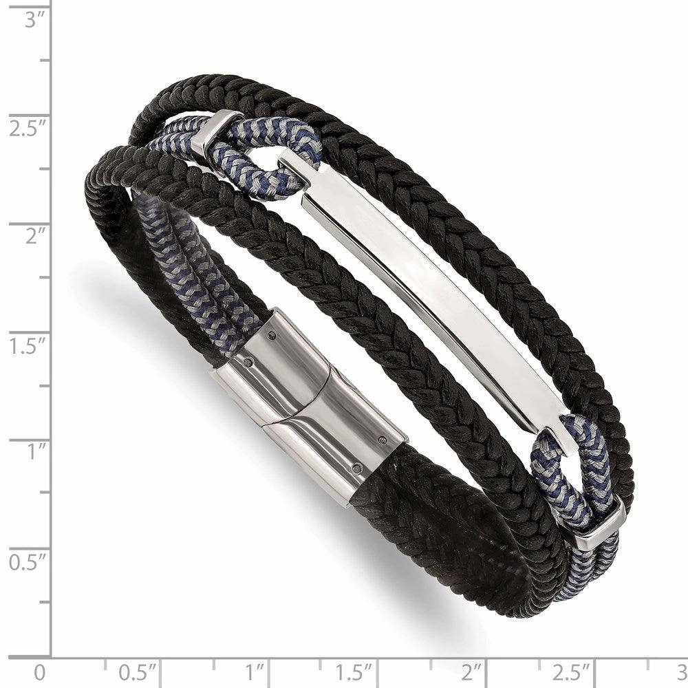 Stainless Steel Polished Leather and Cotton Multi Strand 8.25in ID Bracelet