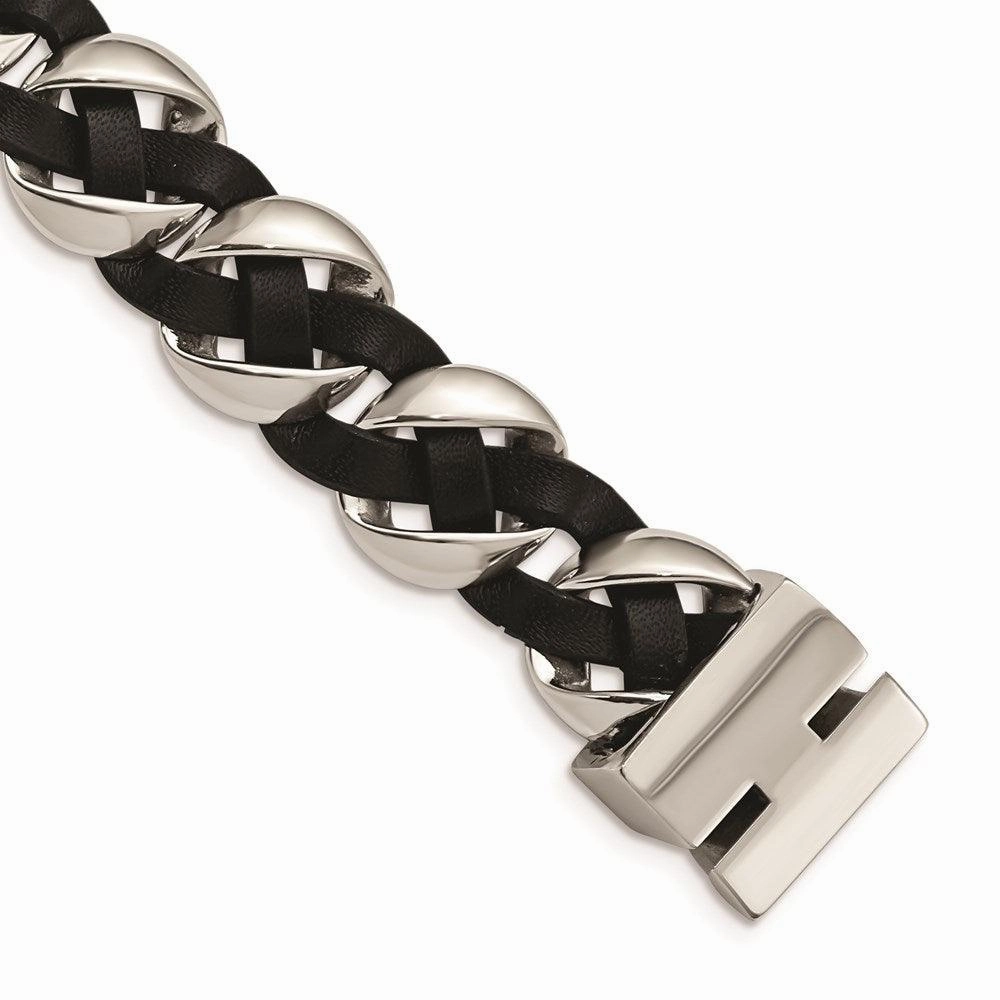 Stainless Steel Polished Leather Braided Bracelet