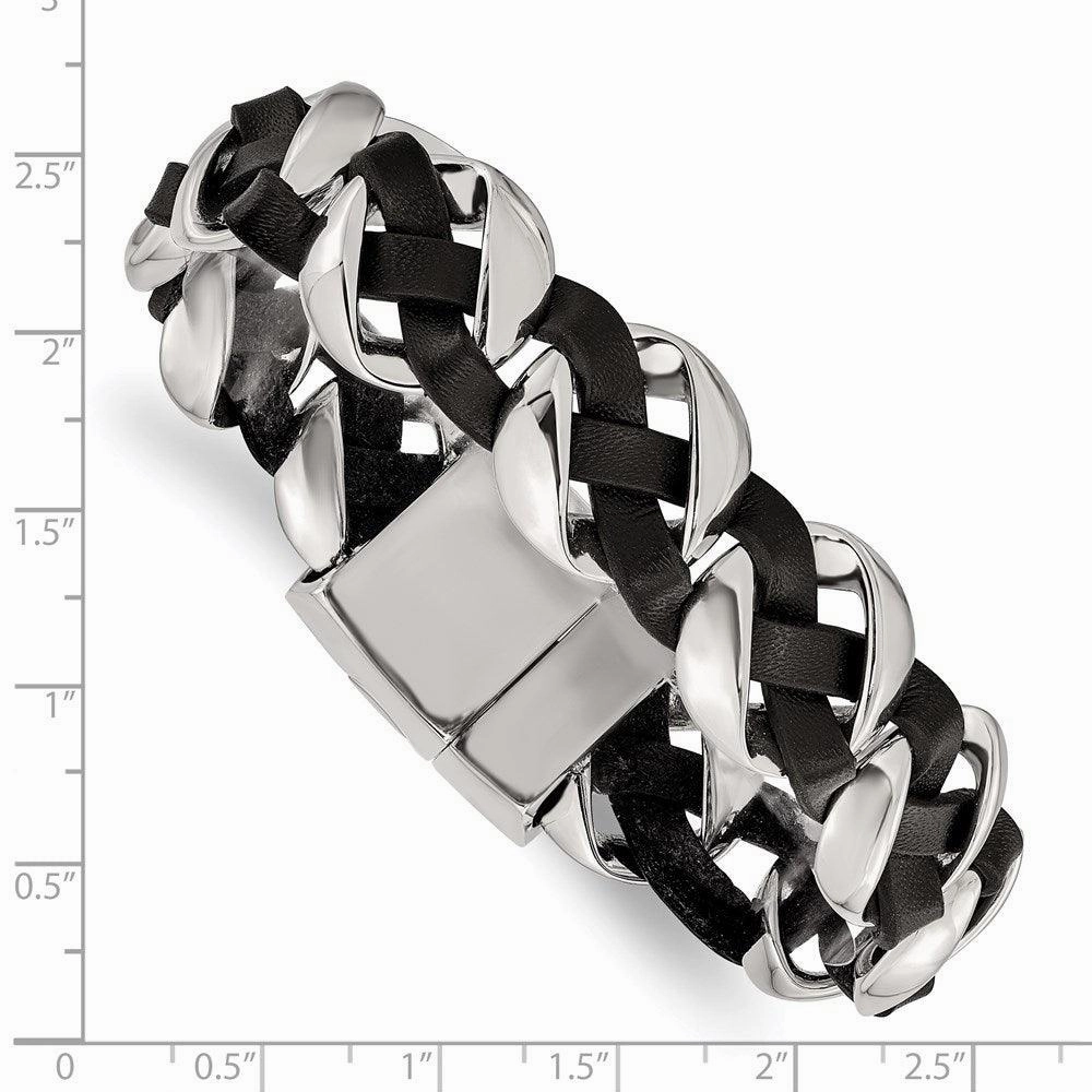 Stainless Steel Polished Leather Braided Bracelet