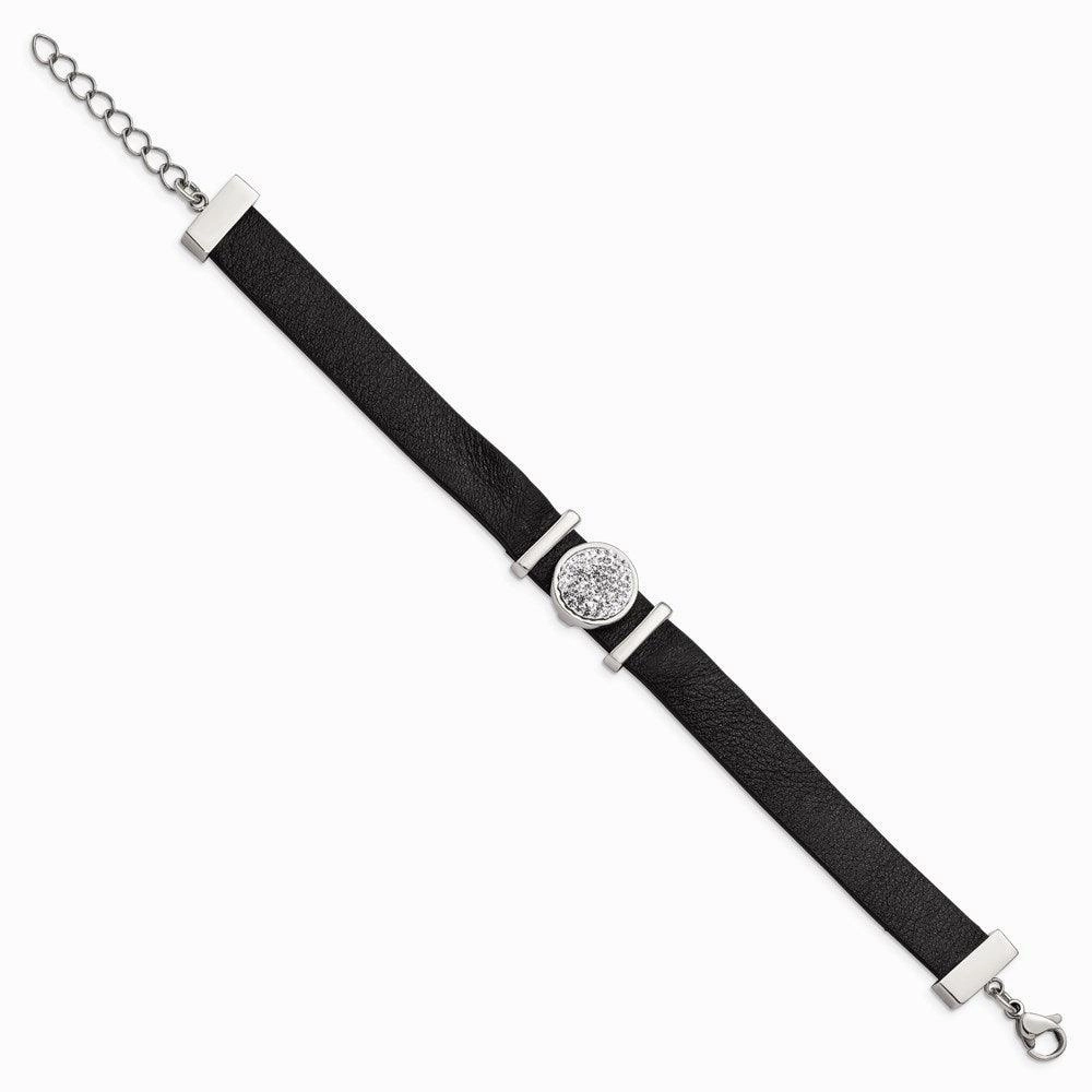 Stainless Steel Polished Leather w/Preciosa Crystal w/1.25in ext 7in Bracel