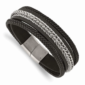 Stainless Steel Polished Multi Strand Black Leather 8.5in Bracelet