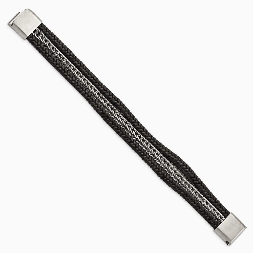 Stainless Steel Polished Multi Strand Black Leather 8.5in Bracelet