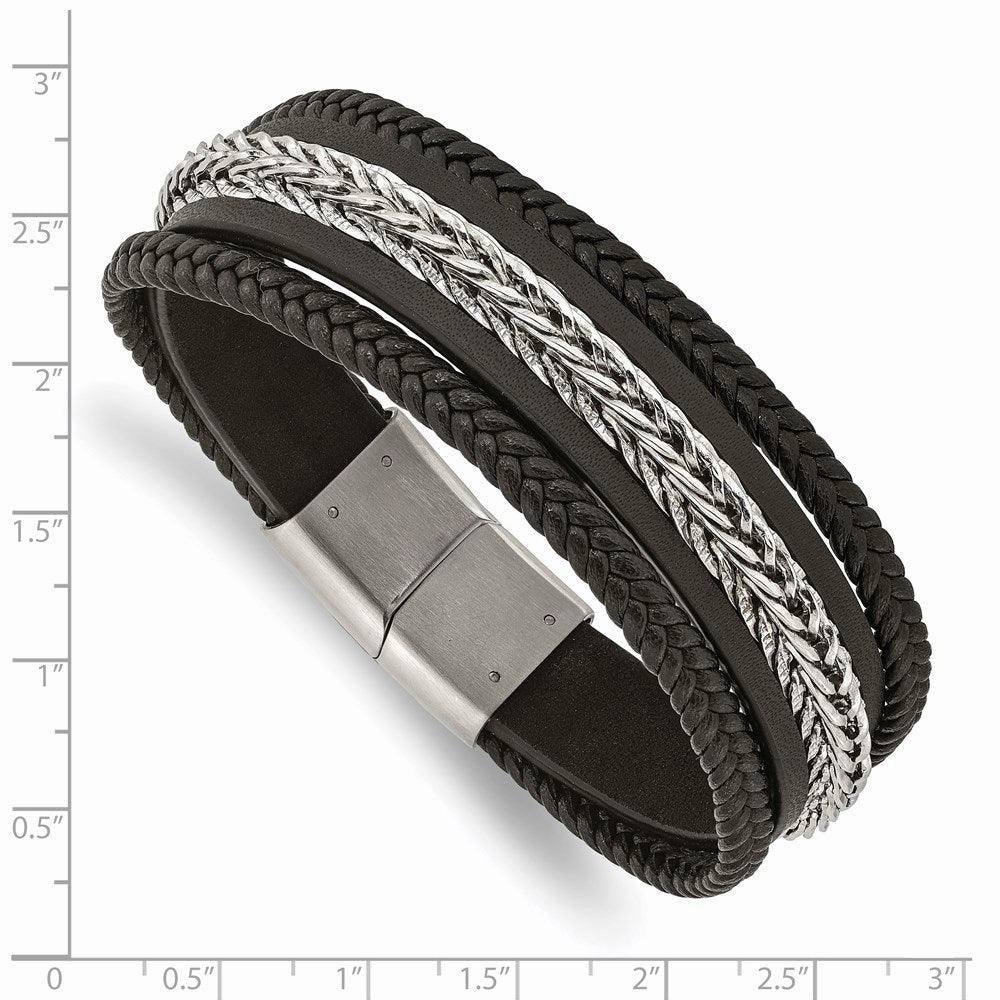 Stainless Steel Polished Multi Strand Black Leather 8.5in Bracelet