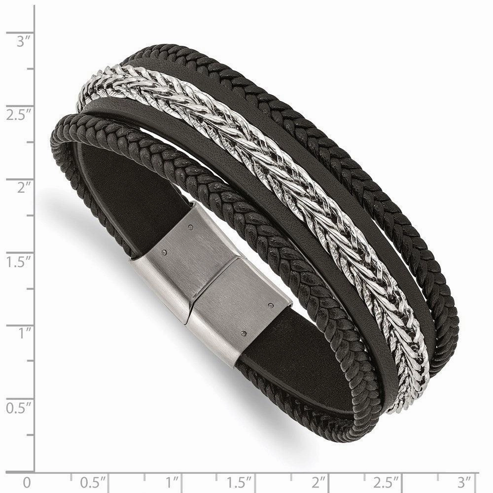 Stainless Steel Polished Multi Strand Black Leather 8.5in Bracelet
