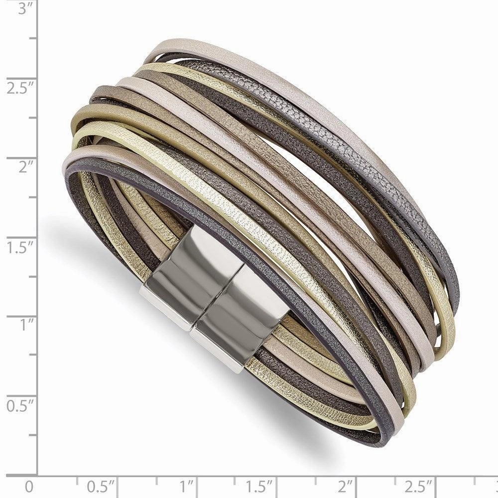 Stainless Steel Polished Multi Strand Metallic Faux Leather 7.25in Bracelet