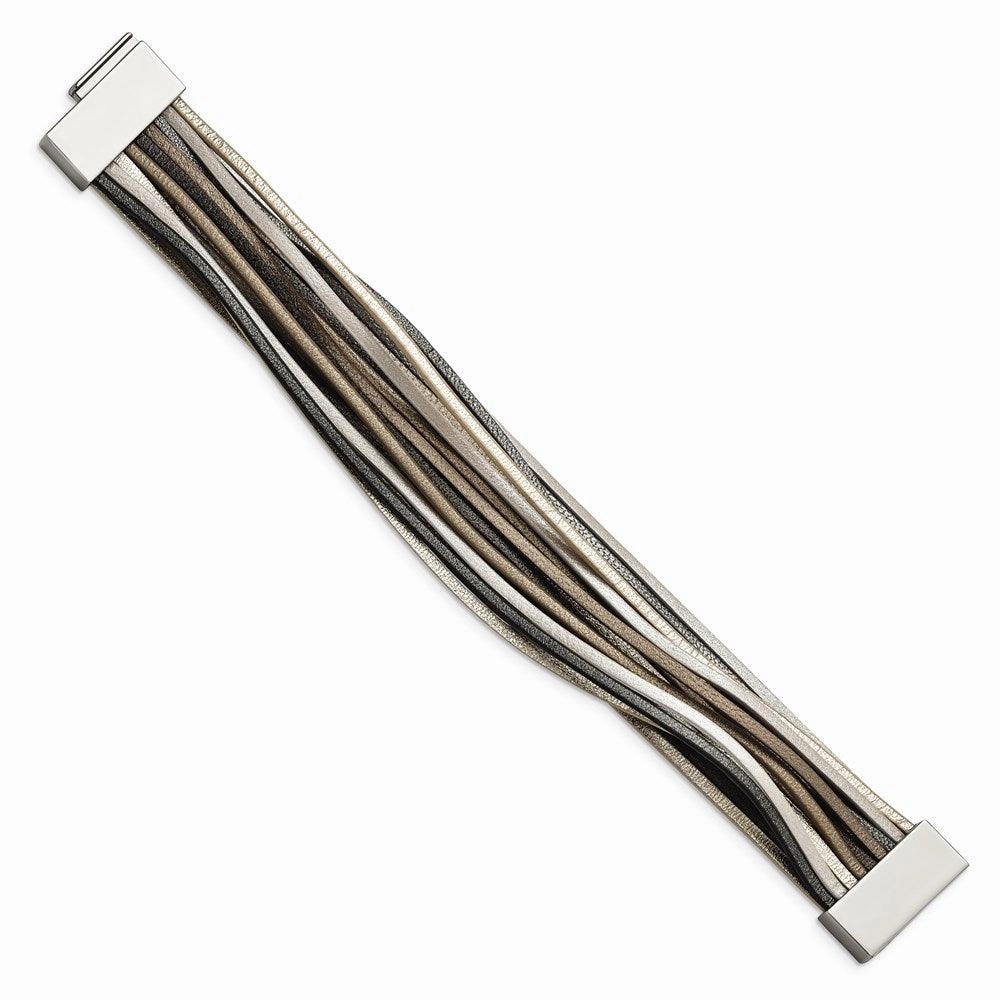 Stainless Steel Polished Multi Strand Metallic Faux Leather 7.25in Bracelet