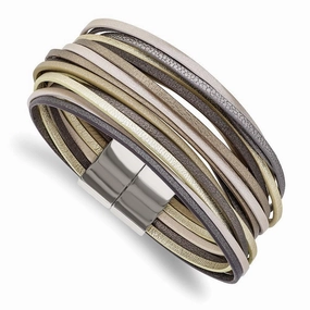 Stainless Steel Polished Multi Strand Metallic Faux Leather 7.25in Bracelet