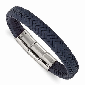 Stainless Steel Polished Navy Blue Leather w/.5in ext 7.75in Bracelet