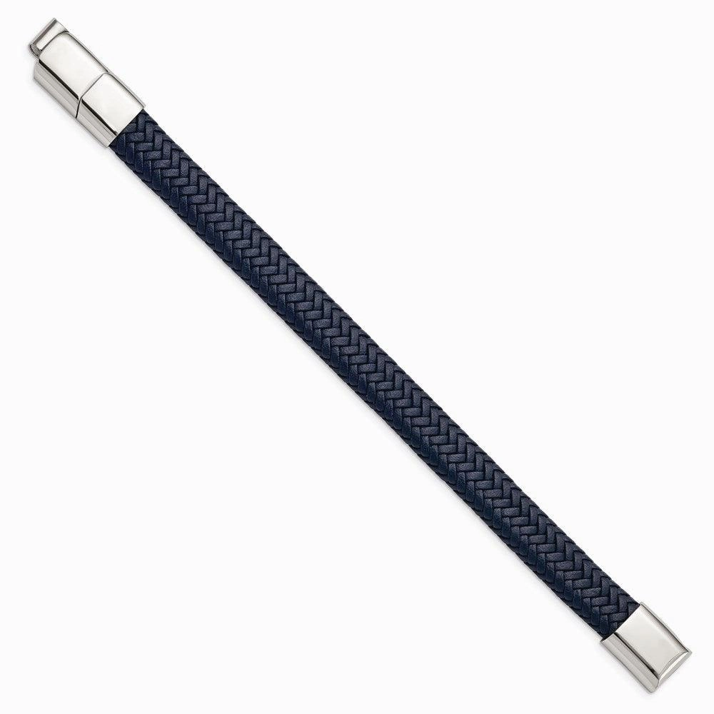 Stainless Steel Polished Navy Blue Leather w/.5in ext 7.75in Bracelet
