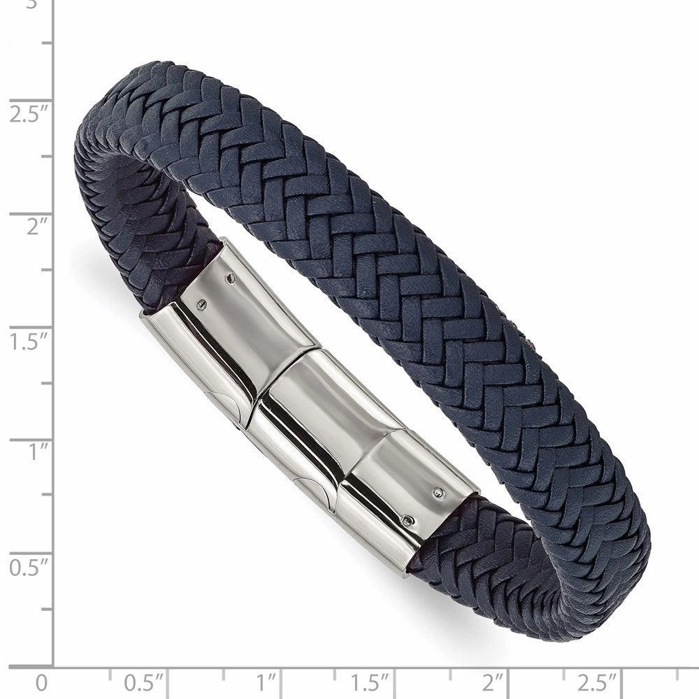 Stainless Steel Polished Navy Blue Leather w/.5in ext 7.75in Bracelet