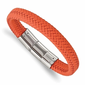 Stainless Steel Polished Orange Woven Leather w/.5in ext 8in Bracelet