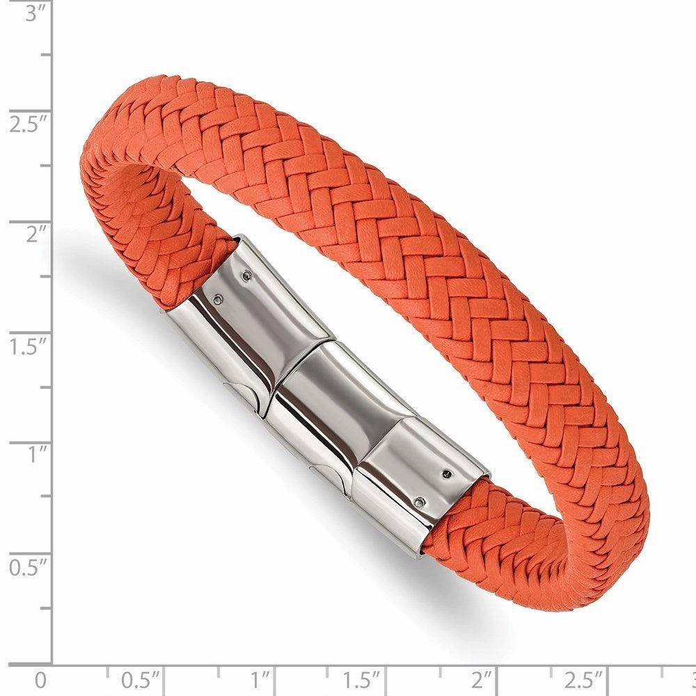 Stainless Steel Polished Orange Woven Leather w/.5in ext 8in Bracelet