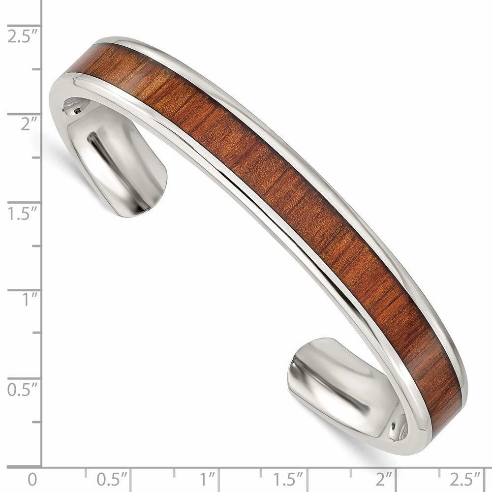Stainless Steel Polished Red/Orange Wood Inlay Bangle
