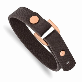 Stainless Steel Polished Rose IP Brown Leather Adjustable 8.5in-9in Bracele