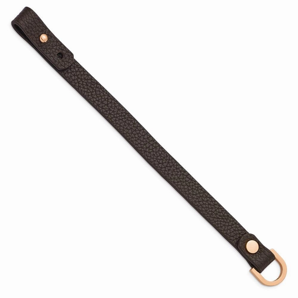Stainless Steel Polished Rose IP Brown Leather Adjustable 8.5in-9in Bracele