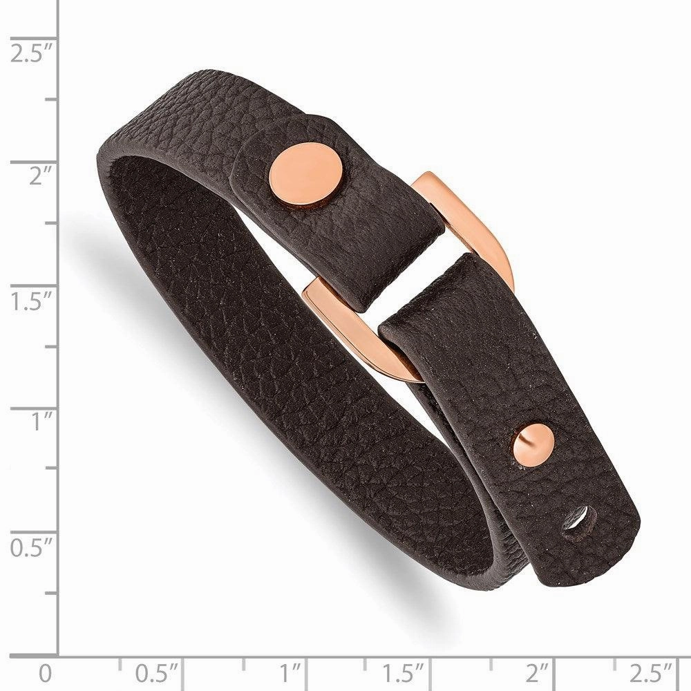Stainless Steel Polished Rose IP Brown Leather Adjustable 8.5in-9in Bracele