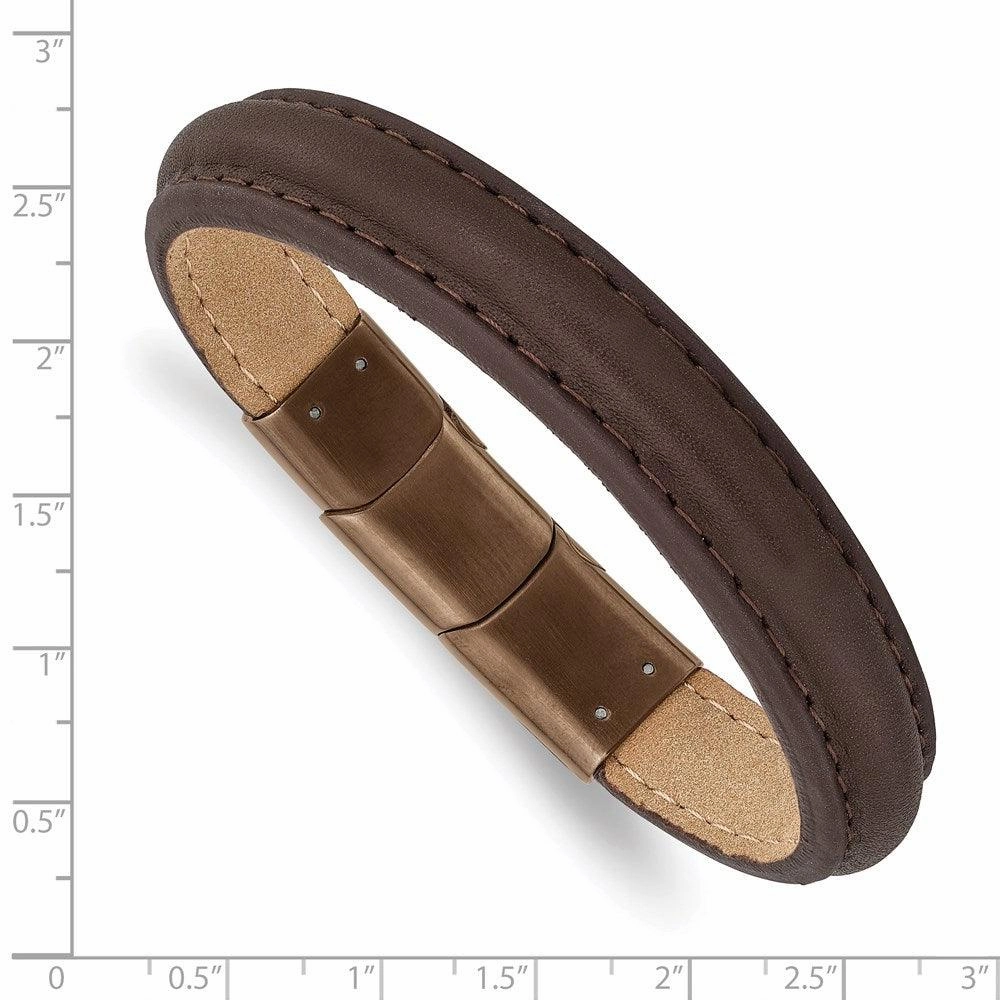 Stainless Steel Polished Rose IP Brown Leather w/.5in ext 7.75in Bracelet