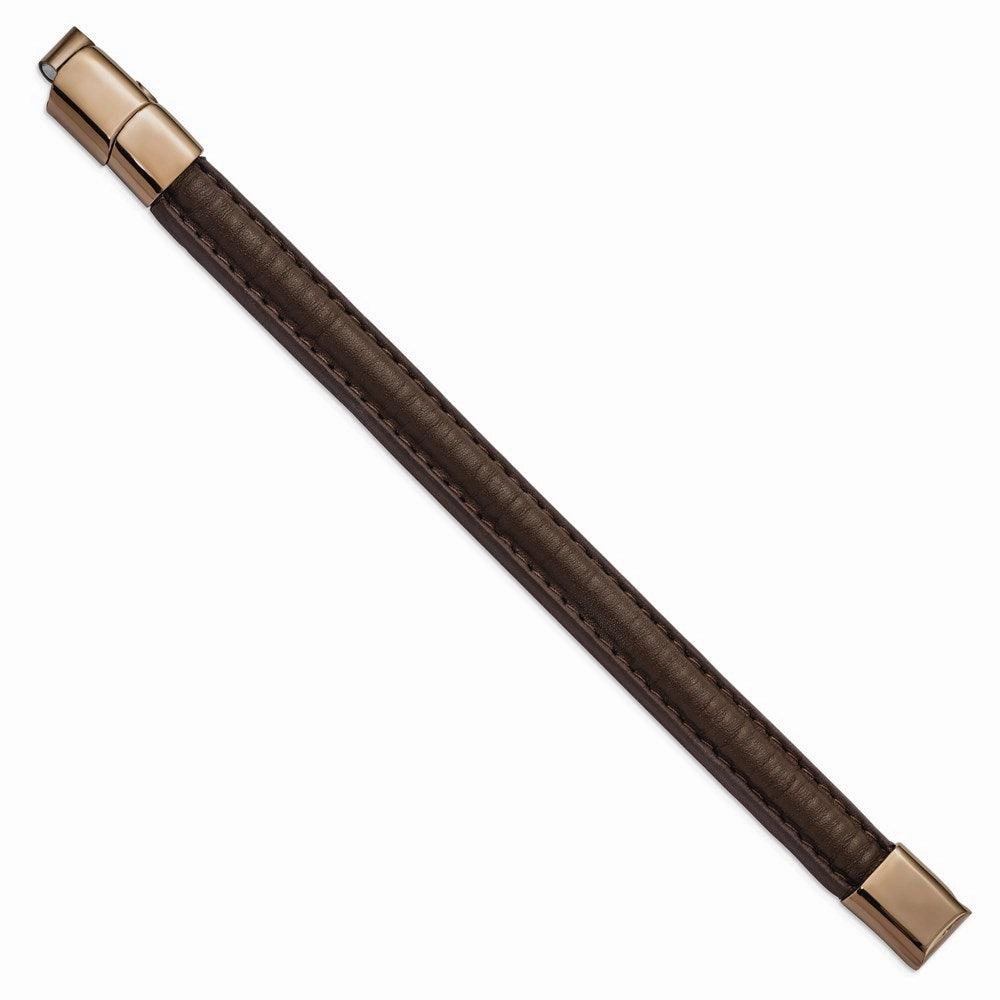 Stainless Steel Polished Rose IP Brown Leather w/.5in ext 7.75in Bracelet