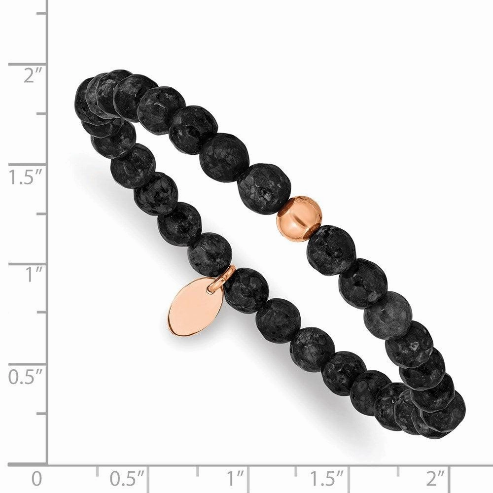 Stainless Steel Polished Rose IP-plated Black Onyx Stretch Bracelet