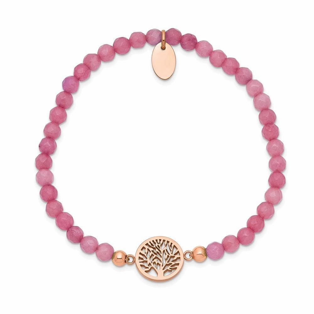 Stainless Steel Polished Rose IP Tree of Life Red Jade Stretch Bracelet