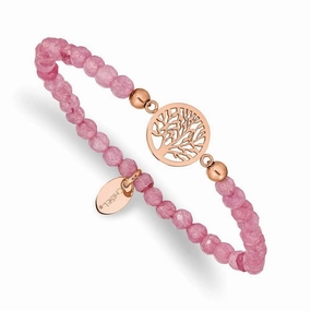 Stainless Steel Polished Rose IP Tree of Life Red Jade Stretch Bracelet