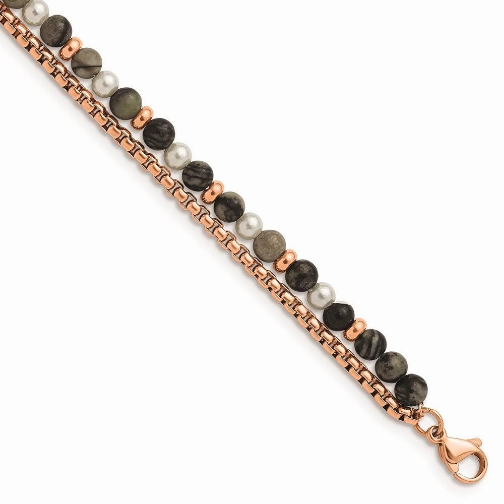 Stainless Steel Polished Rose IP w/Picasso Jasper w/1in ext 6.5in Bracelet