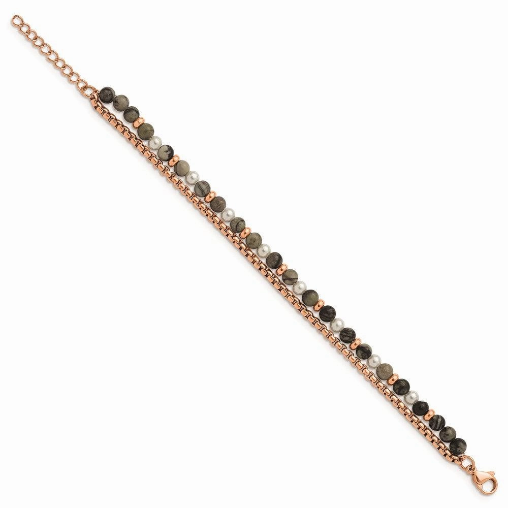 Stainless Steel Polished Rose IP w/Picasso Jasper w/1in ext 6.5in Bracelet