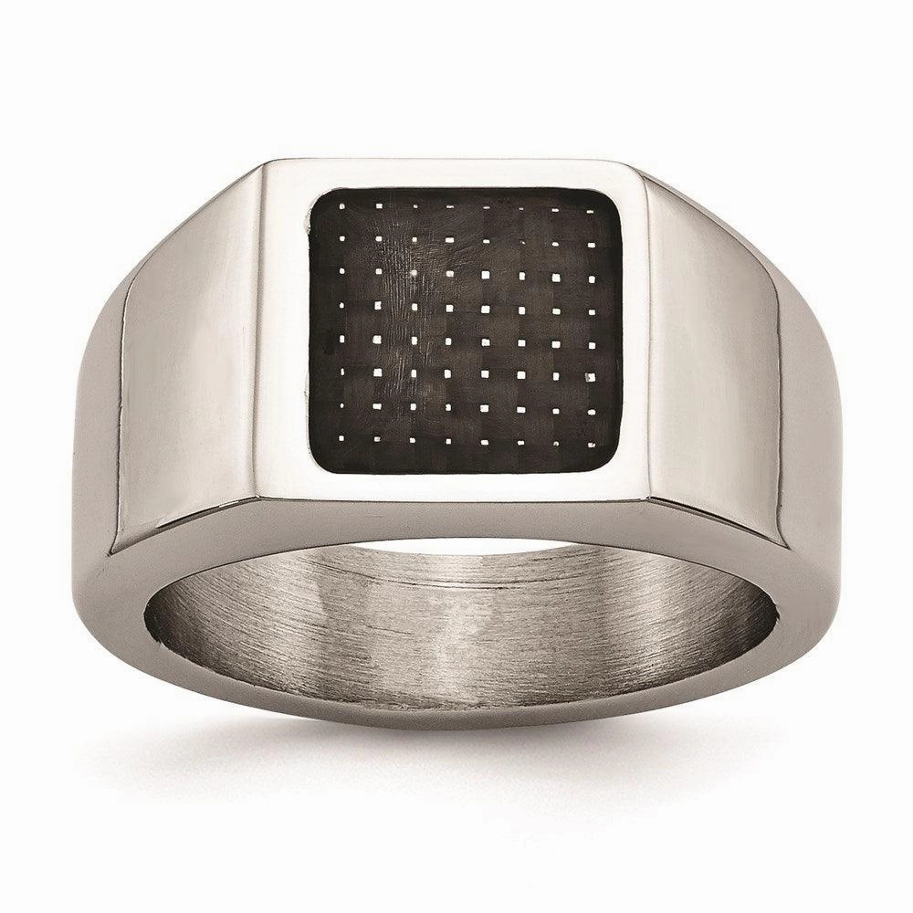 Stainless Steel Polished Signet Carbon Fiber Inlay Ring