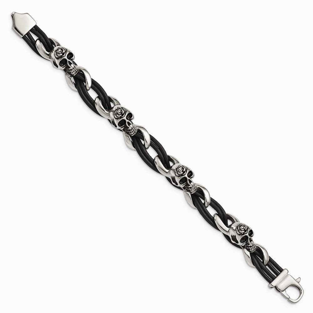 Stainless Steel Polished Skulls/Roses Black Leather Bracelet