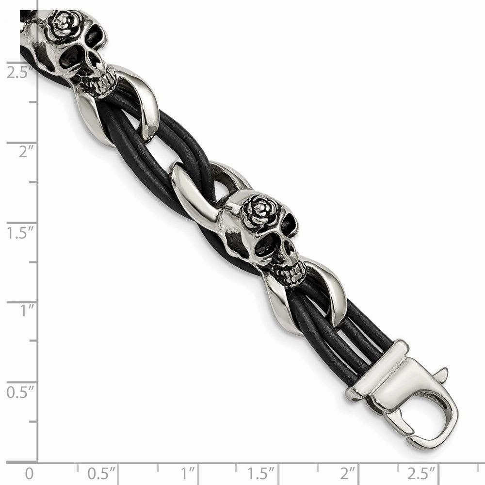 Stainless Steel Polished Skulls/Roses Black Leather Bracelet