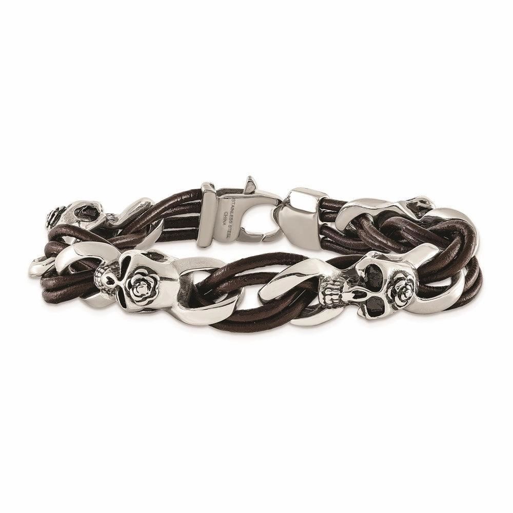 Stainless Steel Polished Skulls/Roses Brown Leather Bracelet