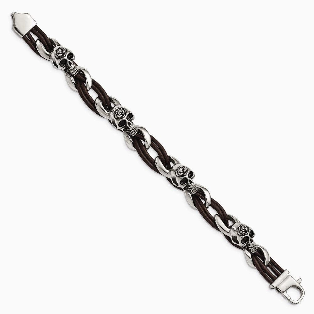 Stainless Steel Polished Skulls/Roses Brown Leather Bracelet