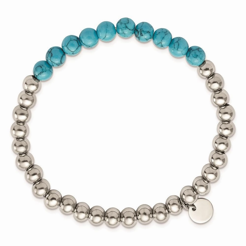 Stainless Steel Polished Synthetic Turquoise Beaded Stretch Bracelet