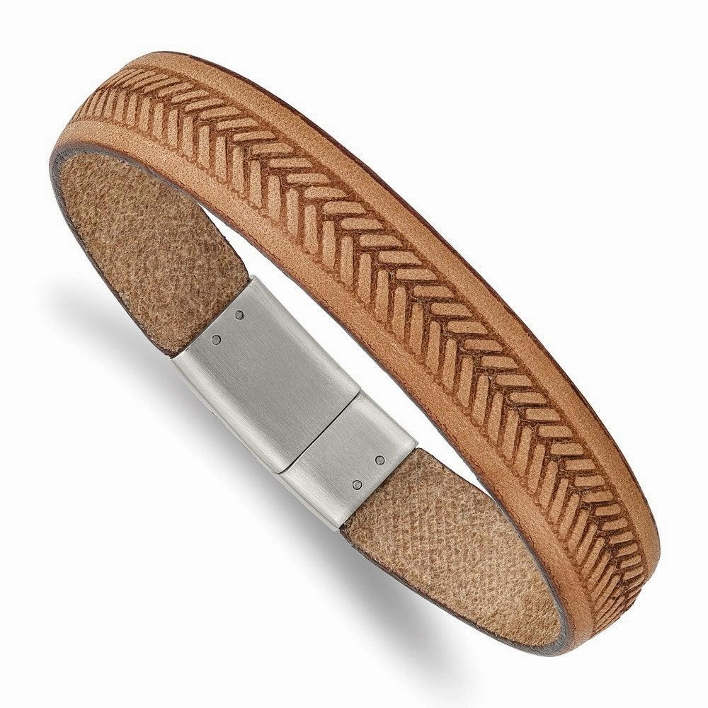 Stainless Steel Polished Tan Italian Leather 8.75in Bracelet